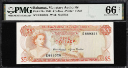 BAHAMAS. Bahamas Monetary Authority. 5 Dollars, 1968. P-29a. PMG Gem Uncirculated 66 EPQ.
$5, 1968, serial number E889328. Orange on multicolor, thre...