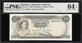 BAHAMAS. Bahamas Monetary Authority. 20 Dollars, 1968. P-31a. PMG Choice Uncirculated 64 EPQ.
Printed by TDLR. Watermark of shellfish. Nearly Gem. Se...