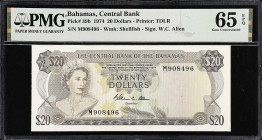 BAHAMAS. Central Bank of the Bahamas. 20 Dollars, 1974. P-39b. PMG Gem Uncirculated 65 EPQ.
Printed by TDLR. Watermark of shellfish. Signature of W.C...