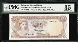 BAHAMAS. Central Bank of the Bahamas. 50 Dollars, 1974. P-40b. PMG Choice Very Fine 35.
$50, 1974, serial number B438921. Light brown on multicolor, ...