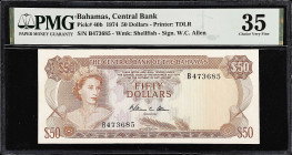 BAHAMAS. Central Bank of the Bahamas. 50 Dollars, 1974. P-40b. PMG Choice Very Fine 35.
Printed by TDLR. Watermark of shellfish. Signature of W.C. Al...