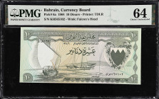 BAHRAIN. Bahrain Currency Board. 10 Dinars, 1964. P-6a. PMG Choice Uncirculated 64.
Printed by TDLR. Watermark of falcon's head. A scarce 1964 Bahrai...
