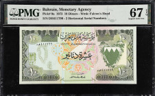 BAHRAIN. Bahrain Currency Board. 10 Dinars, 1973. P-9a. PMG Superb Gem Uncirculated 67 EPQ.
An elusive 1973 series 10 Dinars, which is seldom offered...