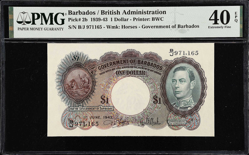 BARBADOS. Government of Barbados. 1 Dollar, 1943. P-2b. PMG Extremely Fine 40 EP...