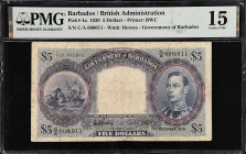 BARBADOS. Government of Barbados. 5 Dollars, 1939. P-4a. PMG Choice Fine 15.
Printed by BWC. Watermark of horses. King George VI at right with seashe...
