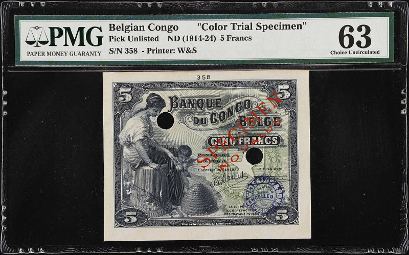 BELGIAN CONGO. Banque du Congo Belge. 5 Francs, ND (1914-24). P-Unlisted. Color ...