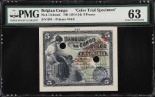 BELGIAN CONGO. Banque du Congo Belge. 5 Francs, ND (1914-24). P-Unlisted. Color Trial Specimen. PMG Choice Uncirculated 63.
Printed by W&S. Red speci...