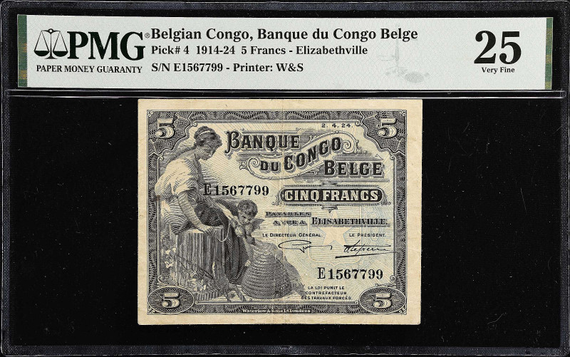 BELGIAN CONGO. Banque du Congo Belge. 5 Francs, 1924. P-4. PMG Very Fine 25.
Th...