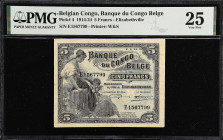 BELGIAN CONGO. Banque du Congo Belge. 5 Francs, 1924. P-4. PMG Very Fine 25.
The first series of square-ish 5 Francs banknotes from the 1920s were is...