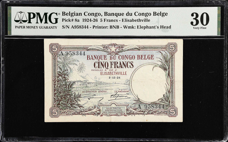 BELGIAN CONGO. Banque du Congo Belge. 5 Francs, 1924. P-8a. PMG Very Fine 30.
P...