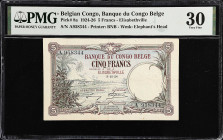 BELGIAN CONGO. Banque du Congo Belge. 5 Francs, 1924. P-8a. PMG Very Fine 30.
Prefix A and the first date of issue are seen on this Elisabethville em...