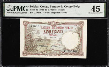 BELGIAN CONGO. Banque du Congo Belge. 5 Francs, 1926. P-8c. PMG Choice Extremely Fine 45.
A handsome, lightly circulated Matadi emission. PMG comment...