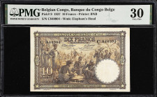BELGIAN CONGO. Banque du Congo Belge. 10 Francs, 1937. P-9. PMG Very Fine 30.
The 5, 20, 100, and 1000 Francs of the 1912-1937 series can be obtained...