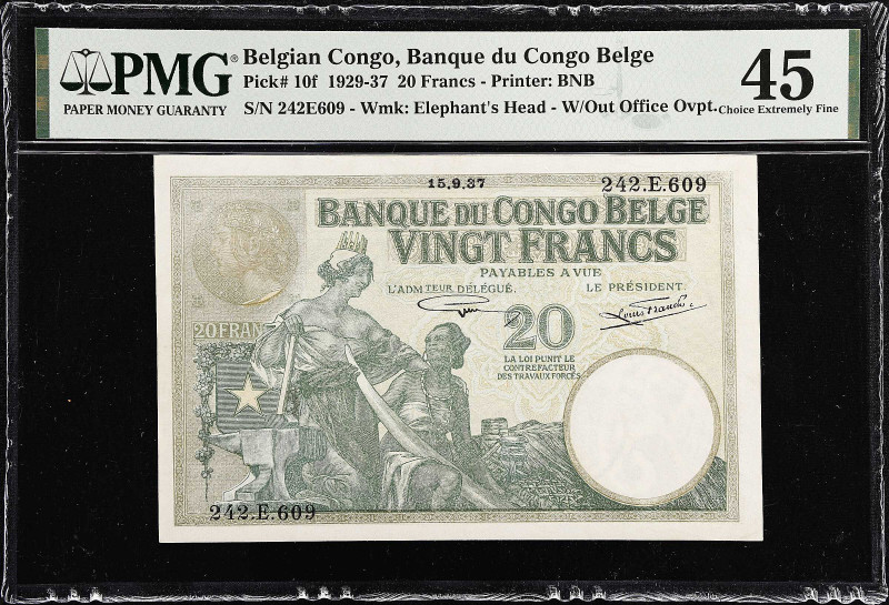 BELGIAN CONGO. Banque du Congo Belge. 20 Francs, 1937. P-10f. PMG Choice Extreme...