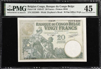 BELGIAN CONGO. Banque du Congo Belge. 20 Francs, 1937. P-10f. PMG Choice Extremely Fine 45.
The final date of this long running type is printed on th...