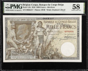 BELGIAN CONGO. Banque du Congo Belge. 1000 Francs, 1920. P-12b. PMG Choice About Uncirculated 58.
The 1000 Francs was the highest denomination for th...