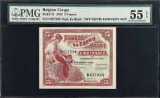 BELGIAN CONGO. Banque du Congo Belge. 5 Francs, 1942. P-13. PMG About Uncirculated 55 EPQ.
Across a 40 year period, this square-ish shaped 5 Francs w...