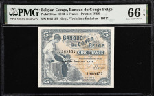 BELGIAN CONGO. Banque du Congo Belge. 5 Francs, 1943. P-13Aa. PMG Gem Uncirculated 66 EPQ.
10th of January 1943 is the first date for this green and ...