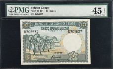 BELGIAN CONGO. Banque du Congo Belge. 10 Francs, 1941. P-14. PMG Choice Extremely Fine 45 EPQ.
Green and brown ink colors indicate that this is the f...