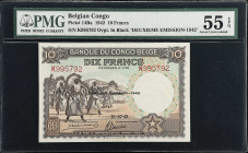 BELGIAN CONGO. Banque du Congo Belge. 10 Francs, 1942. P-14Ba. PMG About Uncirculated 55 EPQ.
A beautiful banknote, and especially so printed with th...