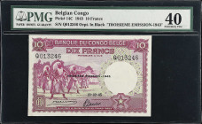BELGIAN CONGO. Banque du Congo Belge. 10 Francs, 1943. P-14C. PMG Extremely Fine 40.
The fuchsia colored 10 Francs of 1943 proves to be a difficult n...