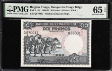 BELGIAN CONGO. Banque du Congo Belge. 10 Francs, 1948. P-14E. PMG Gem Uncirculated 65 EPQ.
Dancers and police force scenes are engraved on this beaut...