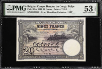 BELGIAN CONGO. Banque du Congo Belge. 20 Francs, 1942. P-15A. PMG About Uncirculated 53 EPQ.
Purple and orange colors differentiate this 1942 50 Fran...