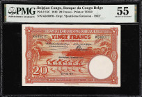 BELGIAN CONGO. Banque du Congo Belge. 20 Francs, 1943. P-15C. PMG About Uncirculated 55.
Printed by TDLR. Overprint "Quatrieme Emission - 1943". One ...