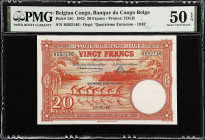 BELGIAN CONGO. Banque du Congo Belge. 20 Francs, 1943. P-15C. PMG About Uncirculated 50 EPQ.
River and jungle scenes and bright orange ink define thi...