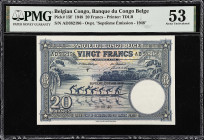 BELGIAN CONGO. Banque du Congo Belge. 20 Francs, 1948. P-15F. PMG About Uncirculated 53.
Printed by TDLR. Overprint "Septieme Emission 1948". Seldom ...