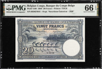 BELGIAN CONGO. Banque du Congo Belge. 20 Francs, 1950. P-15H. PMG Gem Uncirculated 66 EPQ.
The scarce and desirable "New Emission" 20 Francs of 1950 ...