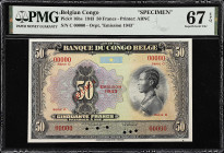 BELGIAN CONGO. Banque du Congo Belge. 50 Francs, 1943. P-16bs. Specimen. PMG Superb Gem Uncirculated 67 EPQ.
Printed by ABNC. Emission 1943 overprint...