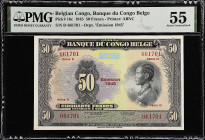 BELGIAN CONGO. Banque du Congo Belge. 50 Francs, 1945. P-16c. PMG About Uncirculated 55.
A leopard stalking in the jungle is the focal point of this ...