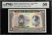 BELGIAN CONGO. Banque du Congo Belge. 50 Francs, 1946. P-16d. PMG About Uncirculated 50.
Issued examples of this denomination are often found problem...