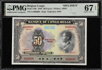 BELGIAN CONGO. Banque du Congo Belge. 50 Francs, 1948. P-16fs. Specimen. PMG Superb Gem Uncirculated 67 EPQ.
Printed by ABNC. Emission 1948 overprint...