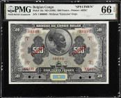 BELGIAN CONGO. Banque du Congo Belge. 500 Francs, ND (1929). P-18s. Specimen. PMG Gem Uncirculated 66 EPQ.
A highlight of the Scott Lindquist collect...