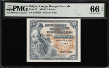 BELGIAN CONGO. Banque Centrale du Congo Belge et du Ruanda-Urundi. 5 Francs, 1952. P-21. PMG Gem Uncirculated 66 EPQ.
The Banque Centrale's title was...