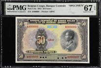 BELGIAN CONGO. Banque Centrale du Congo Belge et du Ruanda-Urundi. 50 Francs, 1952. P-24s. Specimen. PMG Superb Gem Uncirculated 67 EPQ.
A popular an...