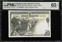 BELGIAN CONGO. Banque Centrale du Congo Belge et du Ruanda-Urundi. 20 Francs, 1954. P-26. PMG Gem Uncirculated 65 EPQ.
Engravings a waterfall and the...