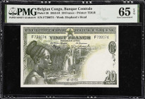 BELGIAN CONGO. Banque Centrale du Congo Belge et du Ruanda-Urundi. 20 Francs, 1953. P-26. PMG Gem Uncirculated 65 EPQ.
Printed by TDLR. Watermark of ...