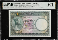 BELGIAN CONGO. Banque Centrale du Congo Belge et du Ruanda-Urundi. 50 Francs, 1953. P-27a. PMG Choice Uncirculated 64.
Belgian Congo's 50 Francs issu...