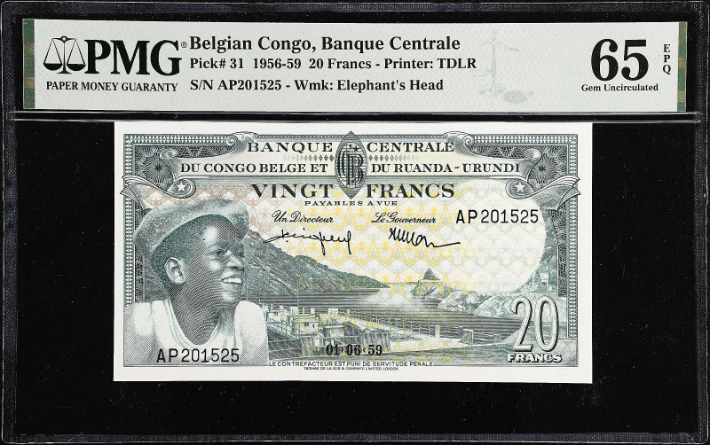 BELGIAN CONGO. Banque Centrale du Congo Belge et du Ruanda-Urundi. 20 Francs, 19...