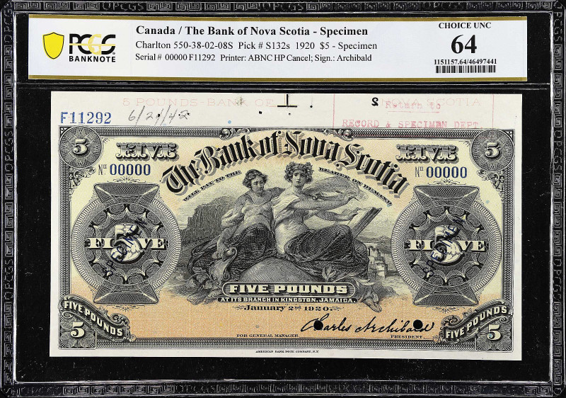 CANADA. Bank of Nova Scotia. 5 Dollars, 1920. CH# 550-38-02-08S. Specimen. PCGS ...