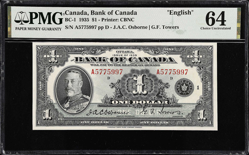 CANADA. Bank of Canada. 1 Dollar, 1935. BC-1. PMG Choice Uncirculated 64.
Print...