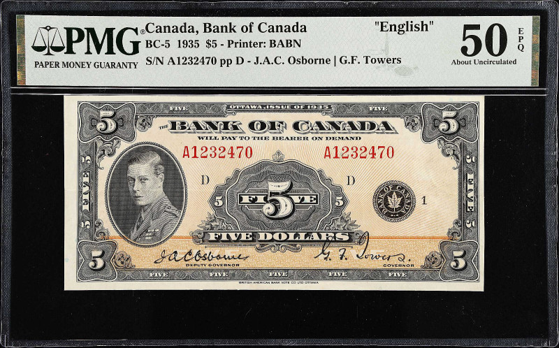 CANADA. Bank of Canada. 5 Dollars, 1935. BC-5. PMG About Uncirculated 50 EPQ.
P...