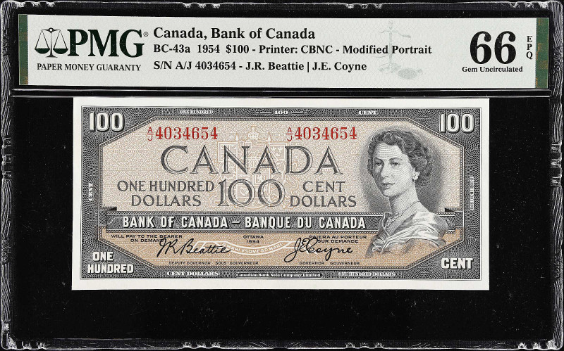 CANADA. Bank of Canada. 100 Dollars, 1954. BC-43a. PMG Gem Uncirculated 66 EPQ....