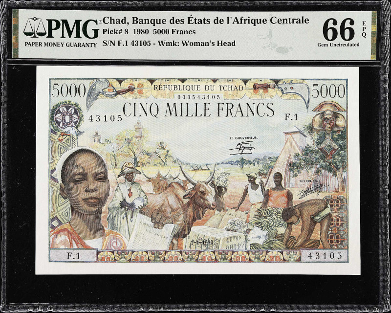 CHAD. Banque des Etats de l'Afrique Centrale. 5000 Francs, 1980. P-8. PMG Gem Un...