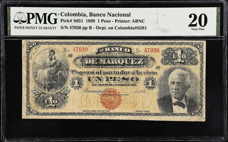 COLOMBIA. Banco de Marquez. 1 Peso, 1899. P-S651. PMG Very Fine 20.
Printed by ...