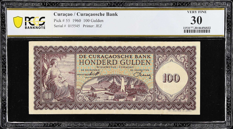 CURACAO. Curacaosche Bank. 100 Gulden, 1960. P-55. PCGS Banknote Very Fine 30.
...