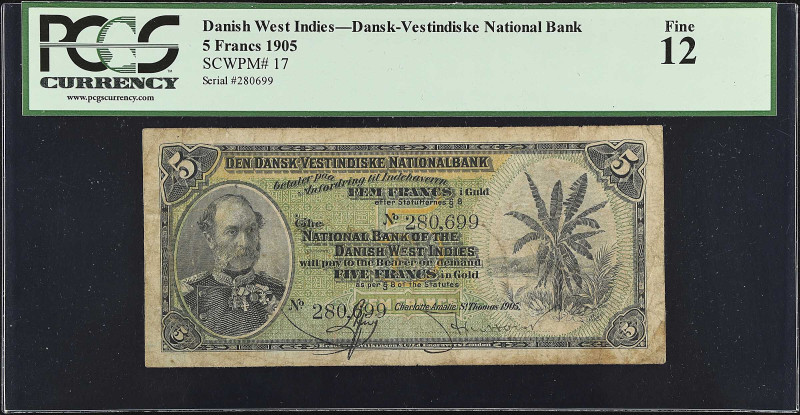 DANISH WEST INDIES. Dansk-Vestindiske National Bank. 5 Francs, 1905. P-17. PCGS ...